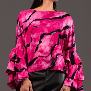 NWT Kate Hewko Runway to Reality Pink/Black Ruffled Sleeve Blouse Top SZ OS